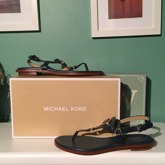 Michael Kors Dark Blue Casey Thong Sandals with Gold Details - Picture 1 of 4